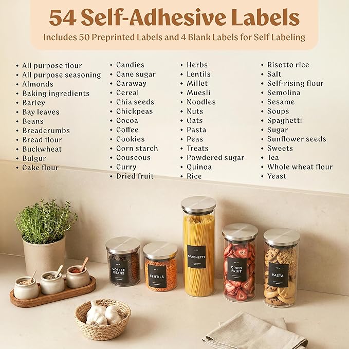 EDELHAUS Glass Storage Containers with Stainless Steel Lids [Extra Thick Glas] with 54 Labels - Canister For Pantry Noodles Flour Cereal Rice Sugar Tea Coffee Beans - Round Set of 5x