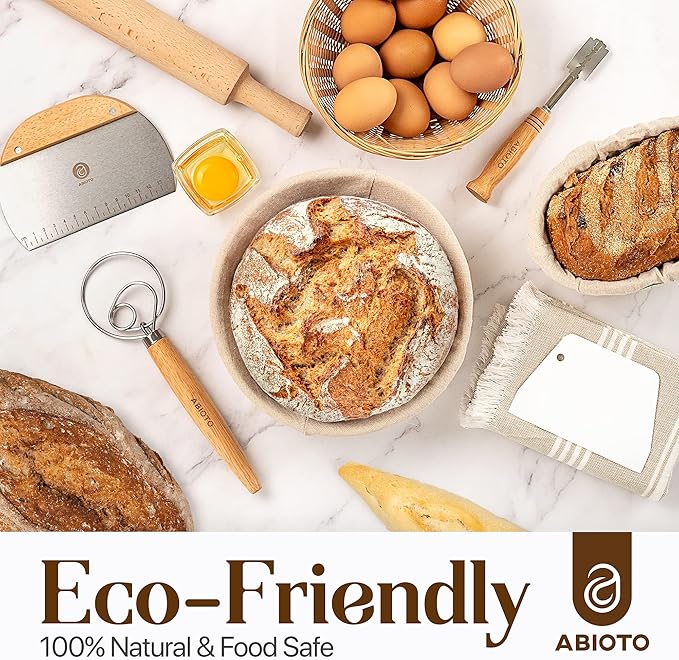 ABIOTO Sourdough Bread Baking Supplies and Bread Proofing Baskets - 9" Round & 10" Oval Indonesian Rattan Baskets, Liners, Danish Whisk, Bread Lame & Scrapers - 14 Piece Bread Making Kit for Beginners