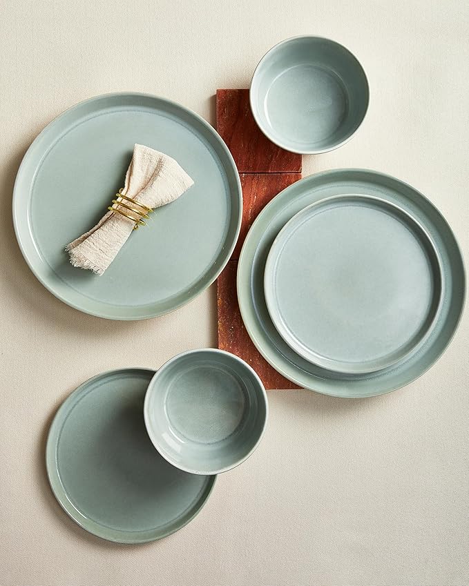 Pokini Dinnerware Sets for 8, Ceramic Plates and Bowls Set, Modern Artisan Dish Set, Microwave & Dishwasher Safe Dishware Set, Chip & Scratch Resistant Dinner Sets, Gradient Green