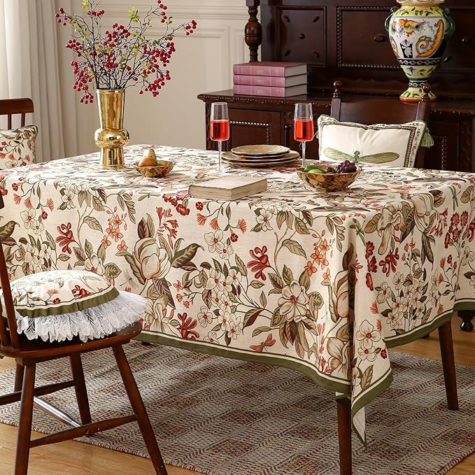 ISAENNE Designer Bohemian Linen Long Tablecloth Rectangle,Colorful Floral Pattern Table Cloth,Wrinkle Resistant Decorative Tablecloths for Dining Thanksgiving Kitchen Party,63"*102"-Grace A