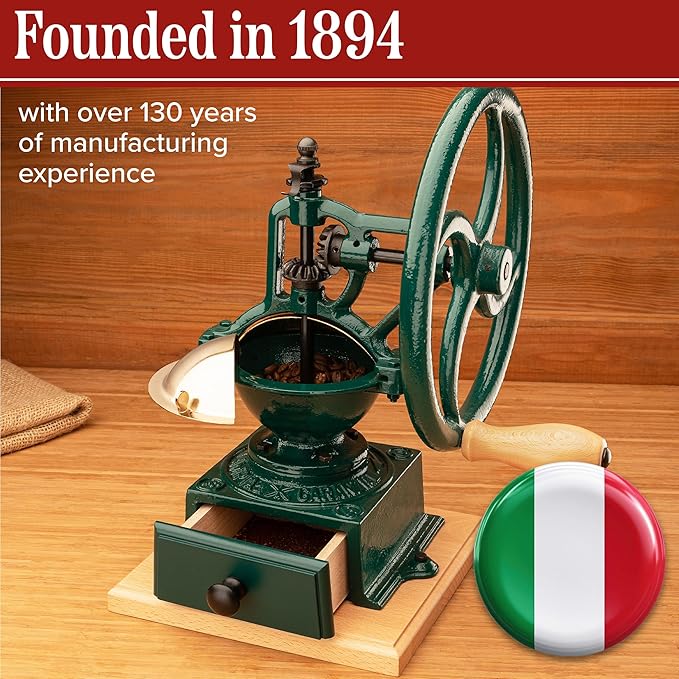 Manual Burr Coffee Grinder - Heavy Cast Iron Coffee Bean Burr Grinder with Adjustable Grind Settings, Hand Crank, and Vintage Design - Italian Made Espresso Accessories by Classic Cuisine (Green)