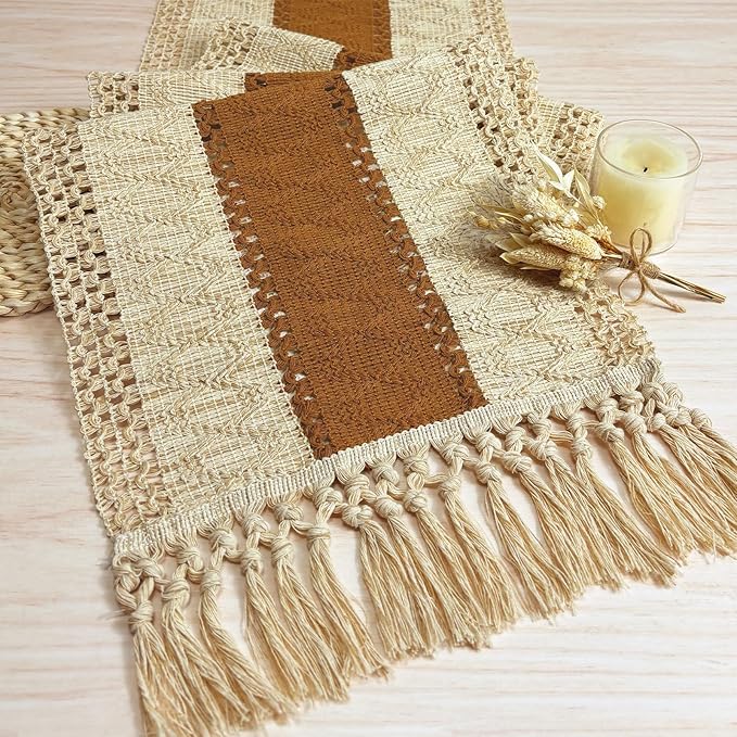 FEXIA Boho Table Runner 36 Inches Long Thanksgiving Decor Macrame Table Runner Farmhouse Stylewith Tassels for Party Bohemian Rustic Wedding Bridal Shower Dining Decor Middle Brown (12x36 Inches)