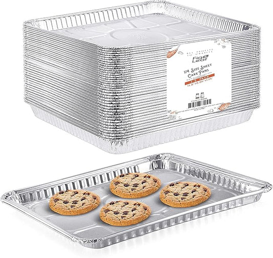 (25 Pack) 1/4 Size Cookie Sheet Baking Cake Pans l 12.8” x 8.9” Disposable Aluminum Foil Trays l Premium Heavy Duty Nonstick Baking Sheets Reusable