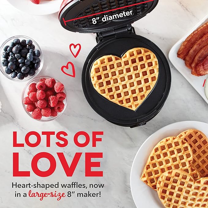 Dash Express Waffle Maker -Electric Waffle Maker for Creative Homemade Treats - Dual Nonstick Cooking Surfaces, Easy Food Release & Quick Cleanup - Compact, Space-Saving Design - 8 Inches - Red Heart