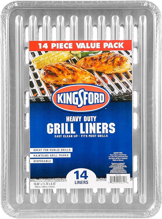 Kingsford Extra Tough Aluminum Grill Liners, Disposable Foil Grill Toppers for Outdoor Grills, Helps Keep Food and Sauce from Falling Through Grates, 16 x 11.75 in, 14 Count