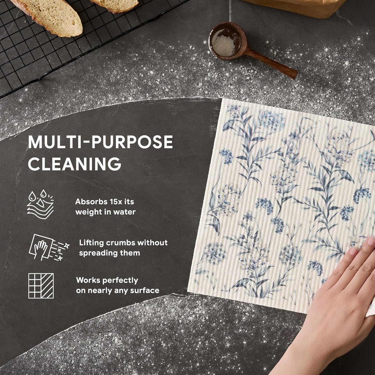 RECYCO Swedish Dishcloths for Kitchen | 4 Pack Oversized Washable Dish Rags | Large Cellulose Reusable Cleaning Paper Towels | Absorbent Counter Dish Cloth Sponge XL Kitchen Wipes, 12" L x 10" W