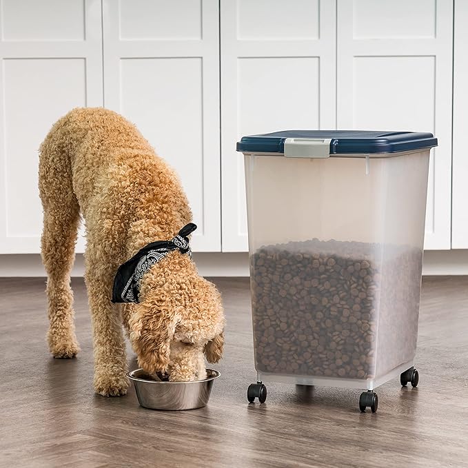 IRIS USA Dog Food Storage Container, Up to 54 Pounds, Attachable Wheels, For Dog Cat Bird and Other Pet Food Storage Bin, Keep Fresh, Easy Mobility - Made in USA, Navy