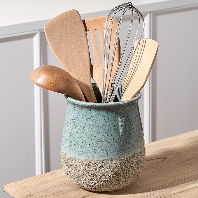 Utensil Holder for Kitchen Counter, Modern Farmhouse Cooking Utensil Holder and Crock Home Kitchen Decor, Ceramic Utensil Organizer for Spatula, Ladle, Eggbeater, Rolling Pin- Blue and Brown