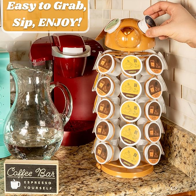 Made Easy Kit Carousel Coffee Pod Holder - Compatible with Keurig K-Pods K-Cups - Countertop 360 Spin Rack Storage Organizer - Revolving Base - Capsule Café Station Bar (Dog Brown, Small)