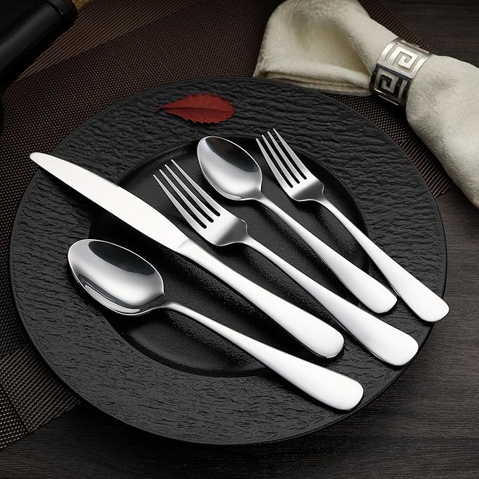 Amazon Basics Silverware Set, Stainless Steel Flatware, Dishwasher Safe, Service for 4, 20-Piece Forks and Spoons, Round Edge, Everyday Use