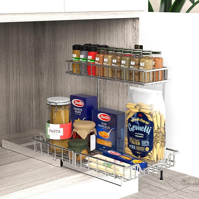 SIMPLE HOUSEWARE 2-Tier (L+M) Organizer Pull Out Under Cabinet Sliding Shelf, Chrome