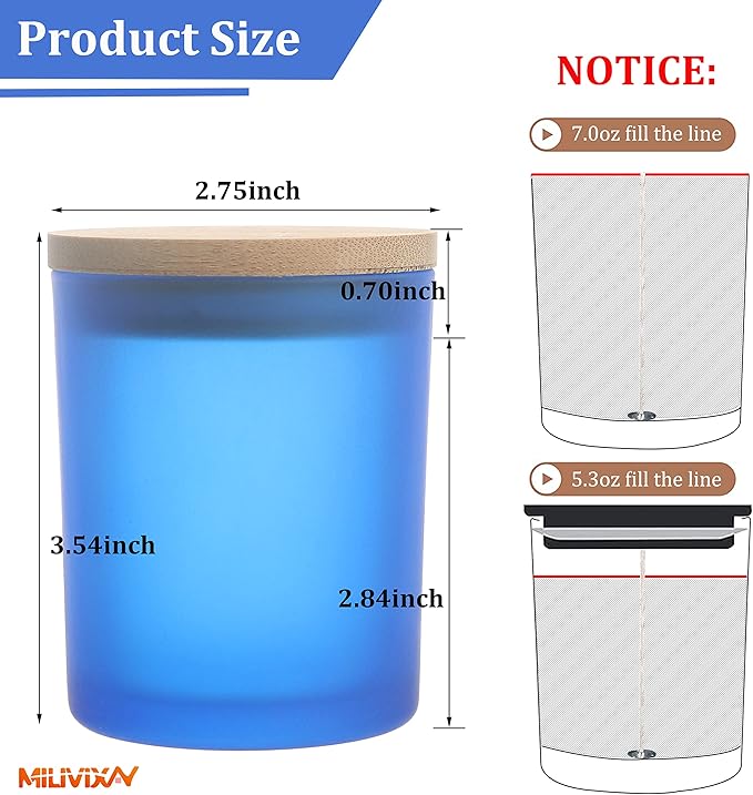 MILIVIXAY 12 Pack 7 OZ Frosted Blue Glass Candle Jars with Lids and Candle Making Kits - Bulk Empty Candle Jars for Making Candles - Spice, Powder Containers.