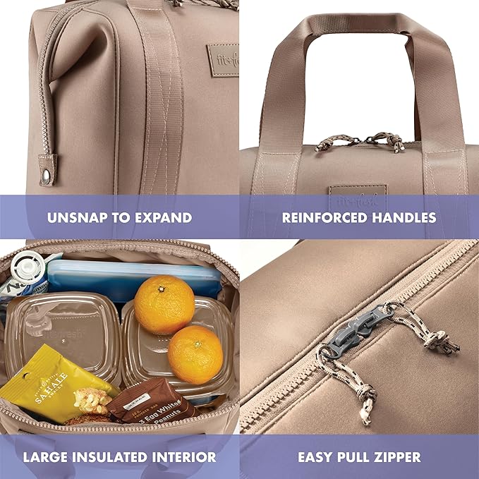 Fit & Fresh Remi Neoprene Lunch Bag For Women - Meal Prep Kit with Containers & XL Ice Pack, Self Insulating Neoprene-like Material, Machine Washable Lunch Bag, Tear-Resistant, Stain-Resistant, Taupe