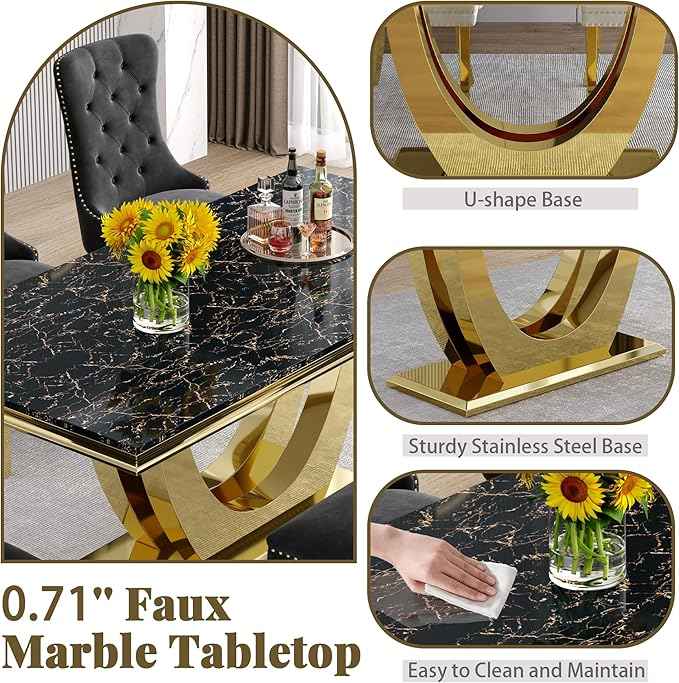 AF ARTISAN FURNITURE Marble Dining Table for 4-8,Black Faux Marble Dining Tables with Gold U-Shaped Mirrored Finish Stainless Steel Base, Marble Kitchen Table for Living Room Home Office