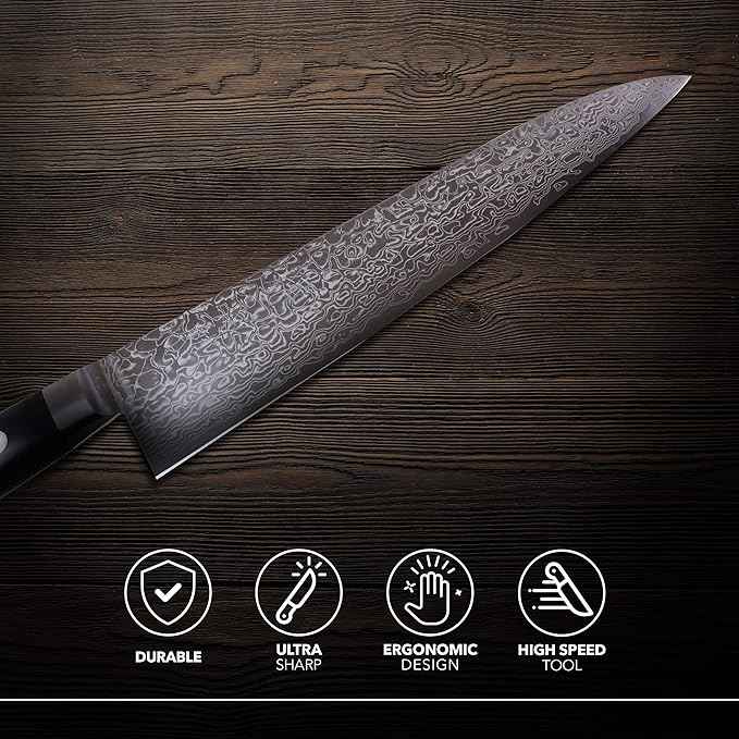 Kagayaki Japanese Chef’s Knife, KGRP-3 Professional Gyuto Knife, Polished Patterned Damascus Stainless Steel with Ergonomic Black Pakka Wood Handle, 8.2 inch