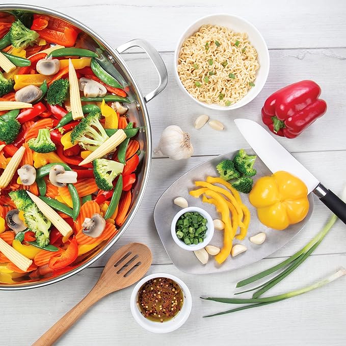 XL Electric 16" Skillet By CucinaPro- 18/10 Stainless Steel Frying Pan with Tempered Glass Lid and Handle, Round with Adjustable Temperature Control Probe, Portable, Includes Recipe Guide, Great Gift