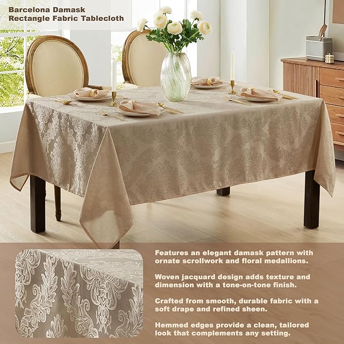 Newbridge Barcelona Luxury Damask Fabric Tablecloth, 70” Extra Wide x 144” Rectangle, Golden Beige, 100% Polyester, No Iron, Soil Resistant Dining Room, Party and Banquet Table Cover