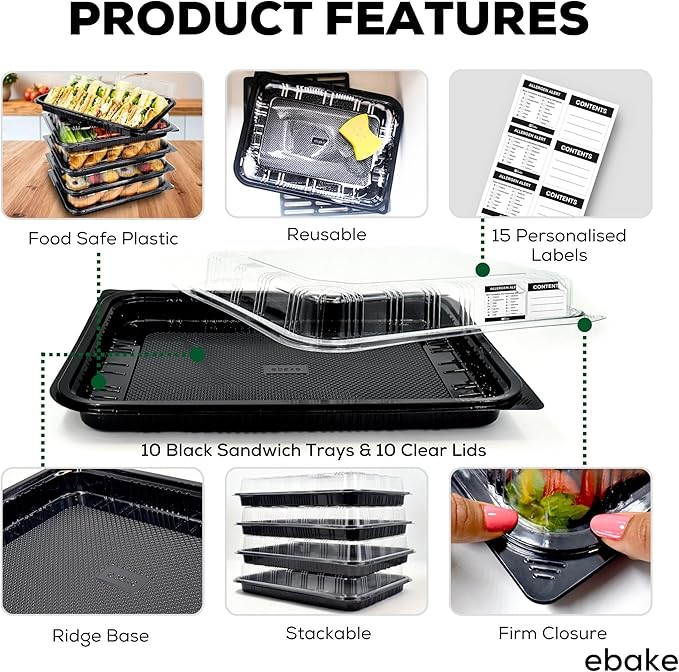 10 Pack Catering Trays with Lids – 17" Serving Tray with Lid, Heavy Duty Recyclable Plastic Party Platters for Catering, Buffet, Picnics & Events – Food Tray with Clear Lid (17.72 x 12.20 x 2.95 inch)