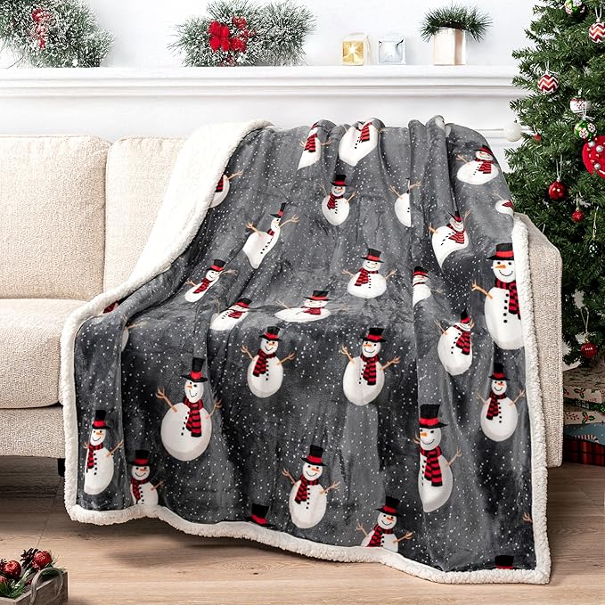 PAVILIA Premium Christmas Sherpa Throw Blanket | Snowman Decoration, Fleece, Plush, Warm, Cozy Reversible Microfiber Holiday Blanket 50 x 60