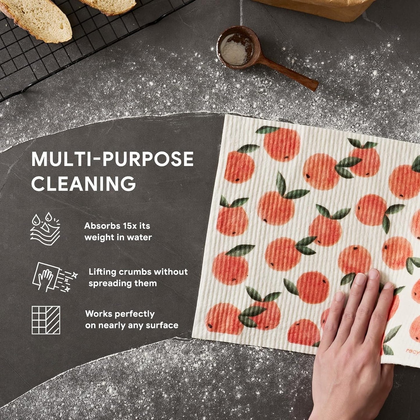 RECYCO Swedish Dishcloths for Kitchen | 4 Pack Oversized Washable Dish Rags | Large Cellulose Reusable Cleaning Paper Towels | Absorbent Counter Dish Cloth Sponge XL Kitchen Wipes, 12" L x 10" W