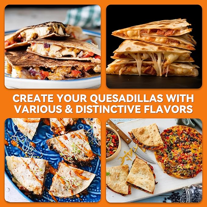 Baker's Friend Electric Quesadilla Maker with Extra Stuffing Design, 9.5 Inch with Easy Slice 6 Wedge, Non Stick Surface, Non-Slip Feet, Grilled Cheese Maker Machine, White