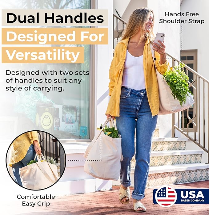 VeraMia Canvas Grocery Bag 3pc XL Set with Real Pockets, Long Shoulder Strap and Short Handle. Heavy Duty, Foldable, Washable