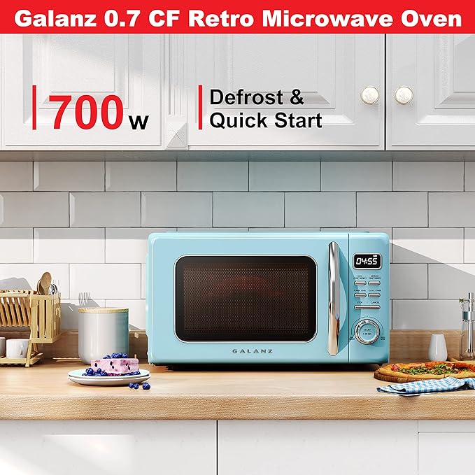 Galanz GLCMKZ07BER07 Retro Countertop Microwave Oven with Auto Cook & Reheat, Defrost, Quick Start Functions, Easy Clean with Glass Turntable, Pull Handle.7 cu ft, Blue