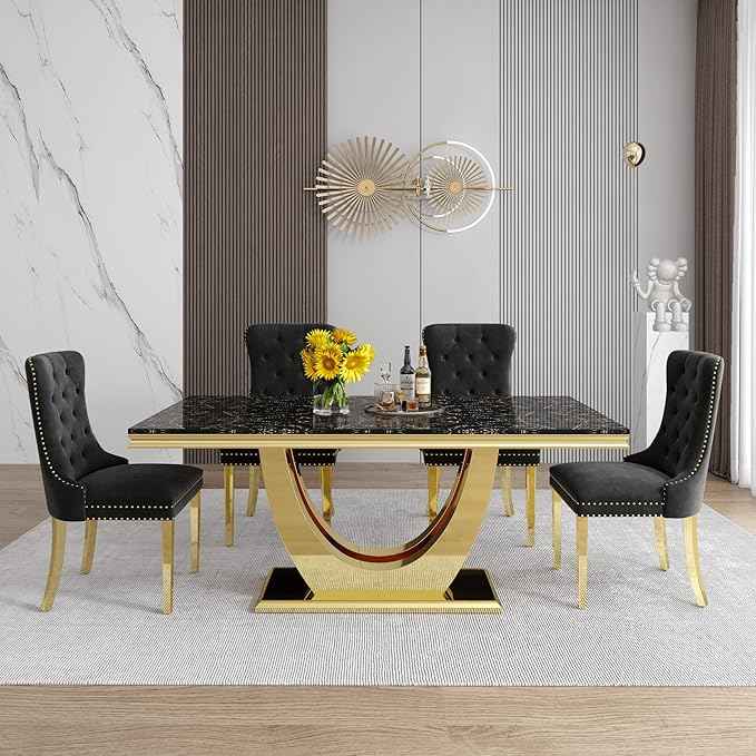 AF ARTISAN FURNITURE Marble Dining Table for 4-8,Black Faux Marble Dining Tables with Gold U-Shaped Mirrored Finish Stainless Steel Base, Marble Kitchen Table for Living Room Home Office