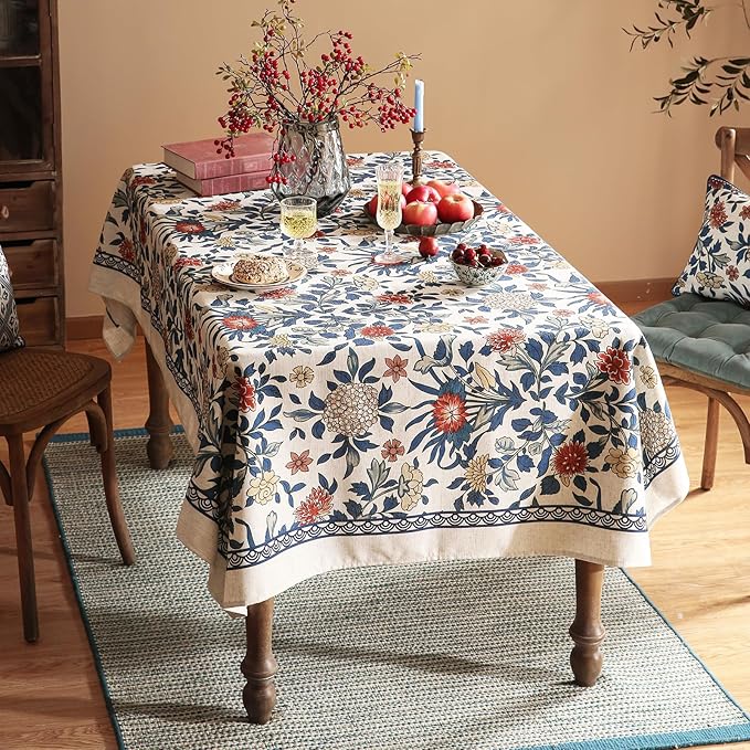 patdrea Designer Blue Tablecloth for Square Table,Vintage Linen with Leaves and Floral Pattern Tablecloths,Farmhouse Floral Decor Cover for Kitchen Dining Christmas,Thanksgiving,67"x67"-Ivar a