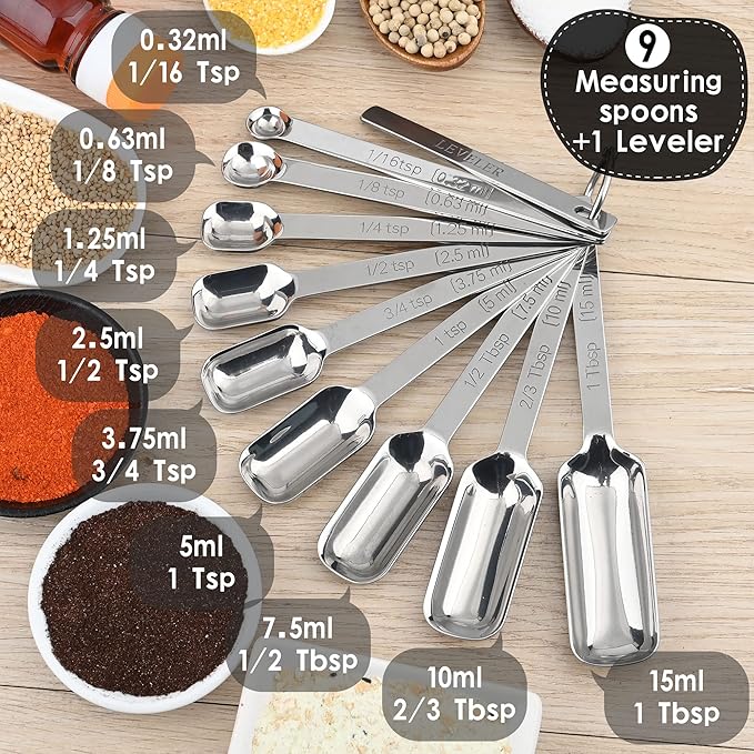 Measuring Cups and Spoons Set 17, 7 Stainless Steel Measuring Cup Set, 9 Spice Long Measuring Spoons with 1 Leveler for Kitchen and Baking, 18/8 Steel Dry Metric Measure Cups &Spoons Set