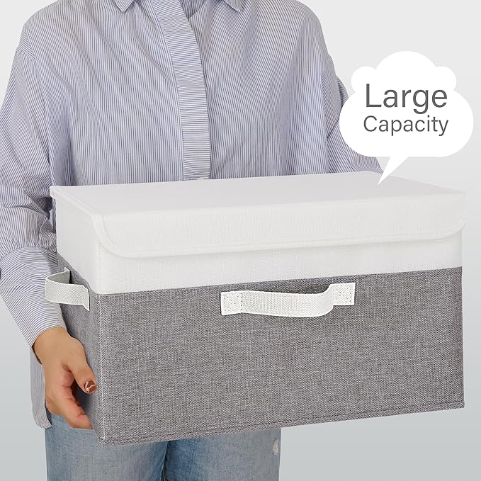 GRANNY SAYS Fabric Storage Boxes, Memory Keepsake Box, Large Storage Bins with Lids, Closet Organizers, Toy Box, Storage Baskets for Shelves, White/Gray, 2-Pack