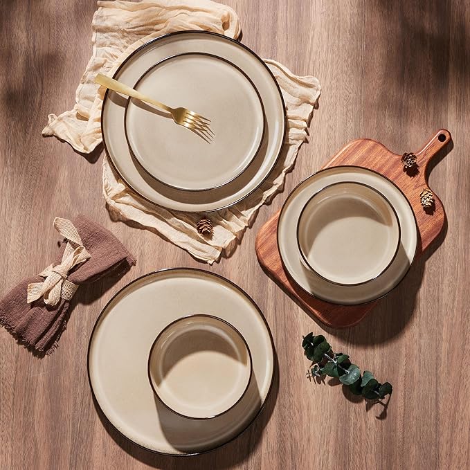 E-far 6-Piece Plates and Bowls Set, Stoneware Dinnerware Sets for 2, Reactive Glaze Ceramic Dinning Ware Dishes, Microwave & Dishwasher Safe - Sandy Beige