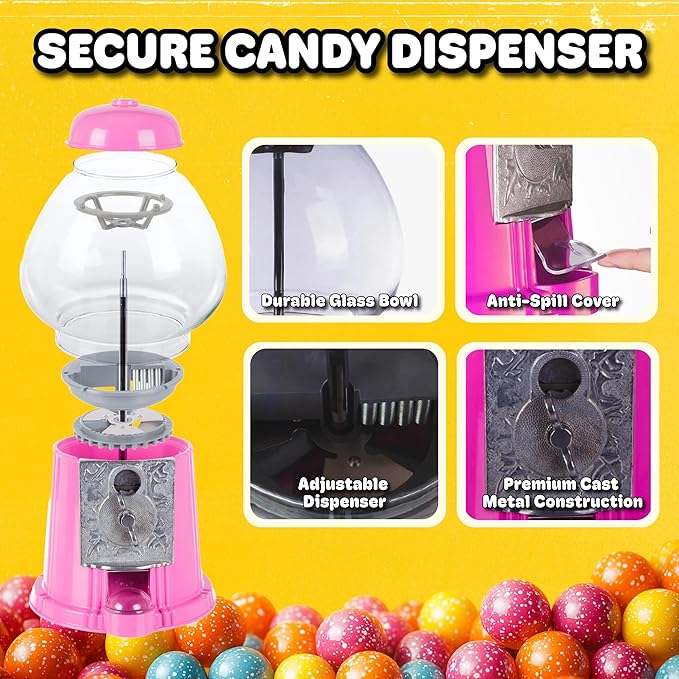 11-Inch Mini Gumball Machine - Vintage Candy Dispenser with Glass Globe, Metal Base, and Free Spin Coin Mechanism by Great Northern Popcorn (Pink)