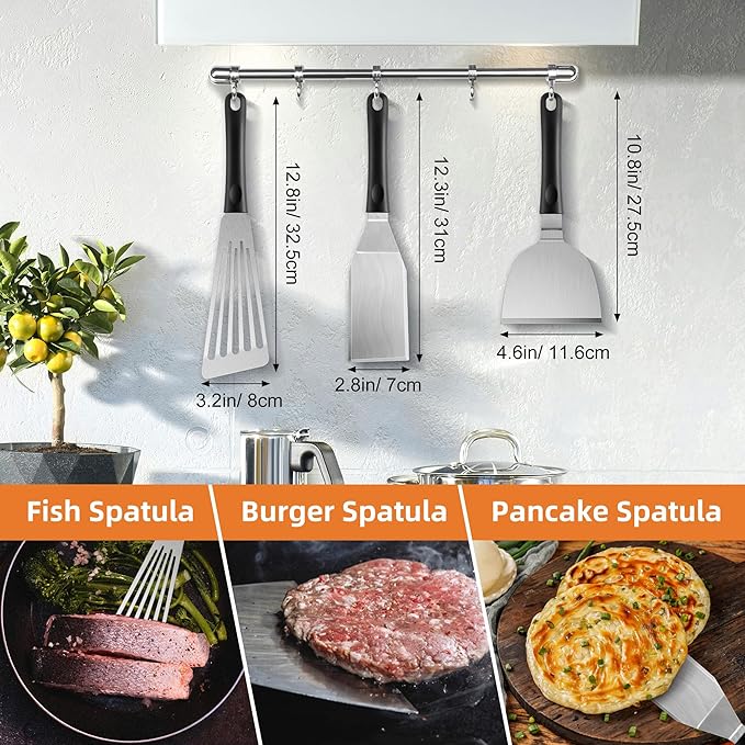 Stainless Steel Spatula Set of 3, Small Metal Spatulas for Cooking Cast Iron Skillet - Fish Turner Hamburger Spatula Griddle Grill Spatulas - for Grill, Pancake, Fish, Hamburger, Egg