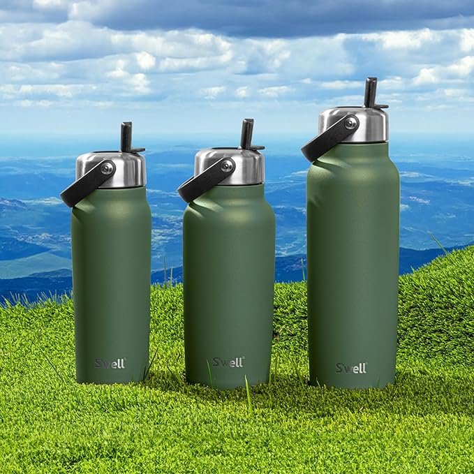 S'well Recycled Stainless Steel Explorer with Flip Straw Lid, 24oz, Green Jasper, Triple Layered Vacuum Insulated Containers Keeps Drinks Cold for 36 Hours and Hot for 8