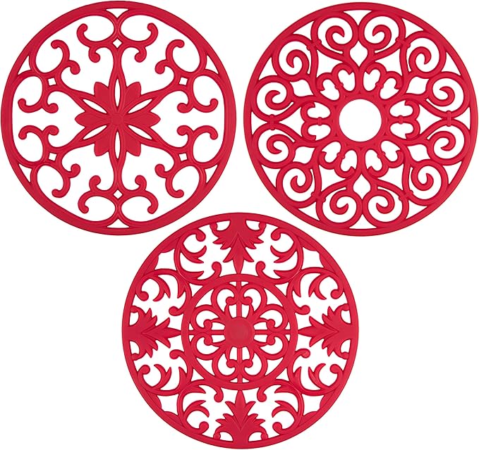 GASARÉ, Extra Large, Thick, 10" Silicone Trivets for Hot Dishes, Pots, and Pans, Hot Pads for Countertops, Flexible, Dishwasher Safe, 10 x ¼ Inches, Set of 3, Red