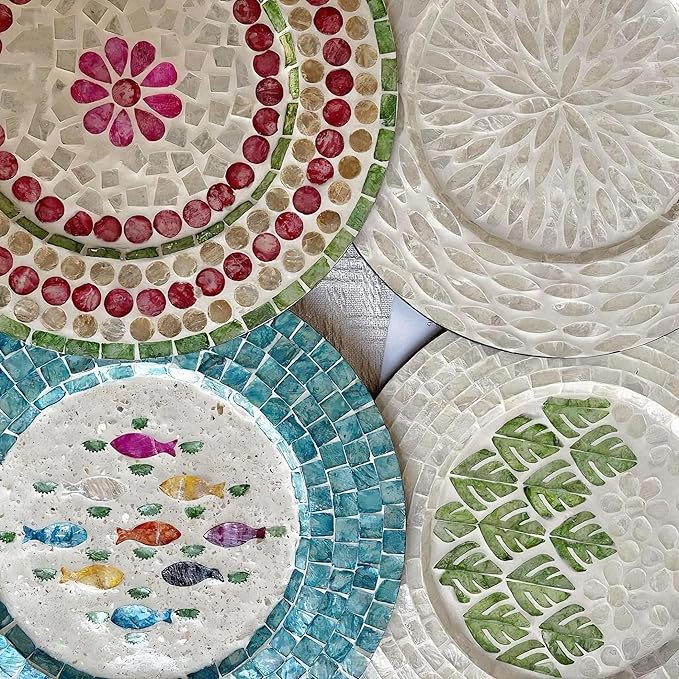 13 Inch Mother of Pearl Shell Placemat Plate – Large Round Decorative Heat for Table or Kitchen, Cabinet, Tabletop (Water Lily Shell, 13 Inch)