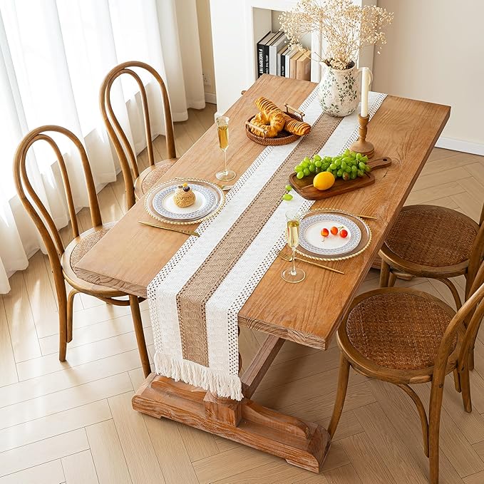 FEXIA Boho Table Runner for Spring Home Decor with Tassels 72 Inches Long Farmhouse Rustic Table Runner Macrame Burlap Table Decoration for Kitchen Living Room Bridal Shower(12x72 Inches)