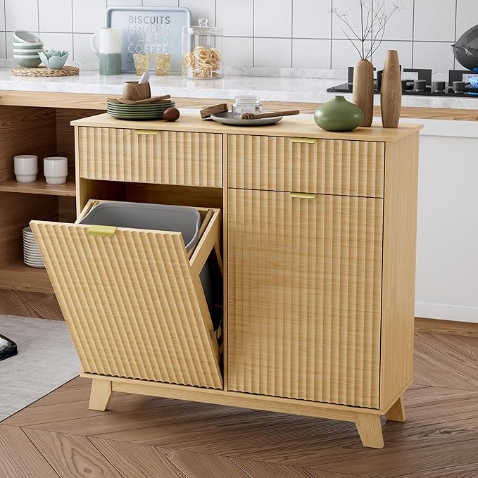 Double Tilt Out Laundry Hamper Cabinet, 20 Gallon Wooden Trash Can Cabinet with Drawers, Hidden Fluted Bathroom Storage Cabinet for Kitchen, Living Room (Natural Wood, 39.34"W x 35.83"H x 13"D)