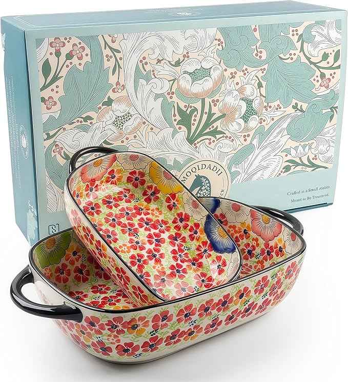 Polish Pottery Style Ceramic Baking Dish Set, 2-Piece Casserole Bakers for 2–3 People, Floral Decorative Bakeware, Oven Safe Lasagna Pan, Microwave Dishwasher Safe, Gift-Ready, Protective Packaging