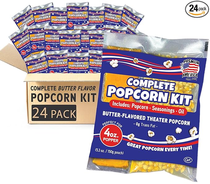 Premium America Popcorn Kit, 24 Packs for a 4oz Popper, Movie Theater & Popcorn Machine Kernels, Oil & Seasoning Packet, Bulk All in One