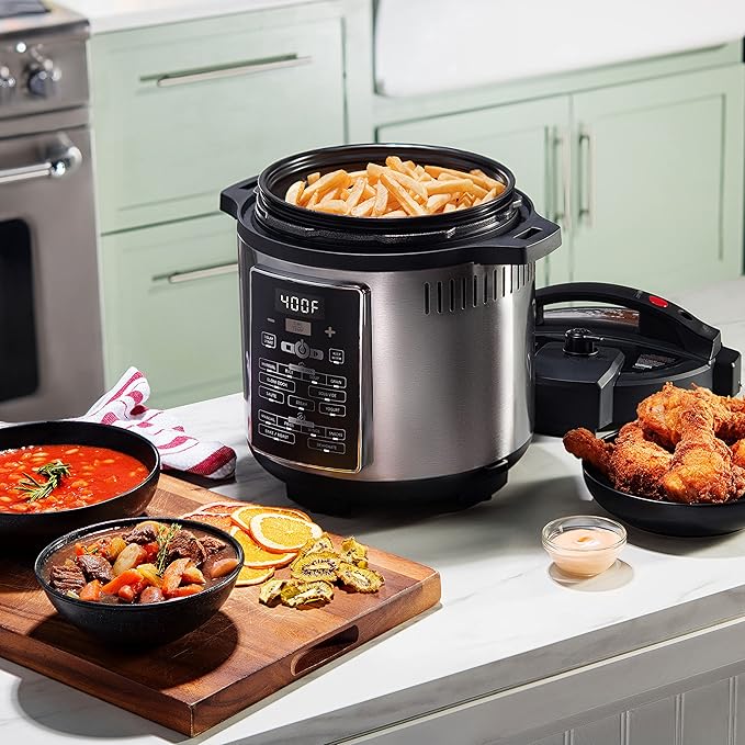 Gourmia GPA2060 One-Lid Pressure Cooker + Air Fryer With 15 One-Touch Cooking Functions - 6-Quart Nonstick Cooking Pot, Air Fry Basket, Multi-purpose Rack, Measuring Cup
