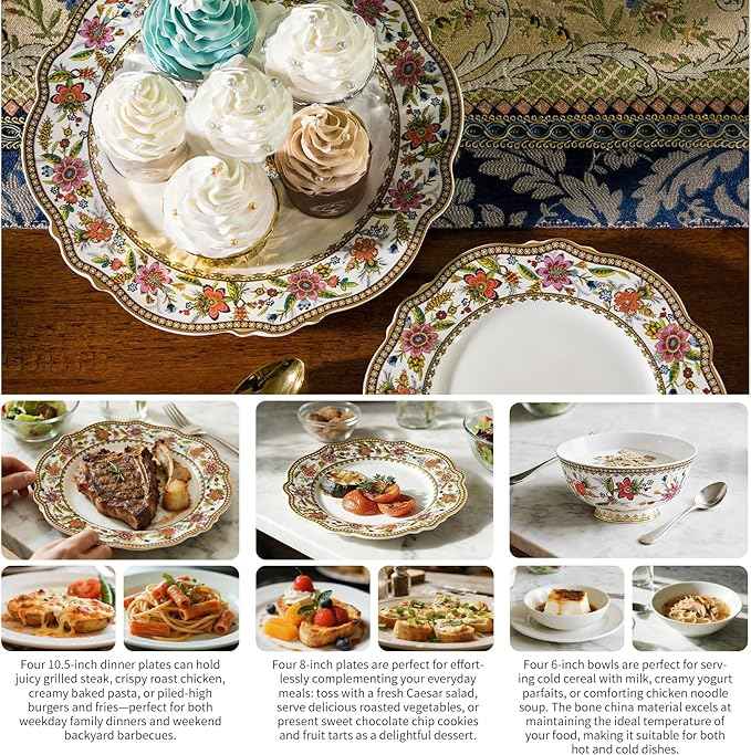 ACMLIFE Bone China Dinnerware Set for 4, 12-Piece Vintage Floral Dinnerware Set, Kitchen Plates and Bowls Set, China Plates Set, Mother's Day, Gifts for Women, Thanksgiving Dinnerware Sets(Pink)