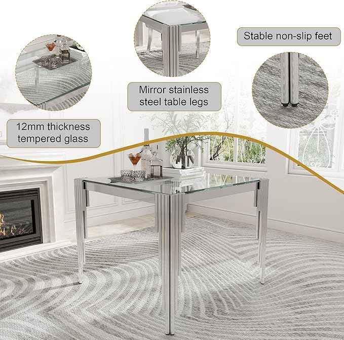 AF ARTISAN FURNITURE 37'' Square Glass Dining Table Set for 4, Kitchen Table Chairs Set of 4, Clear Silver Glass Dining Tables with Stainless Steel Legs, 4 Grey PU Dining Chairs, Living Room, Kitchen