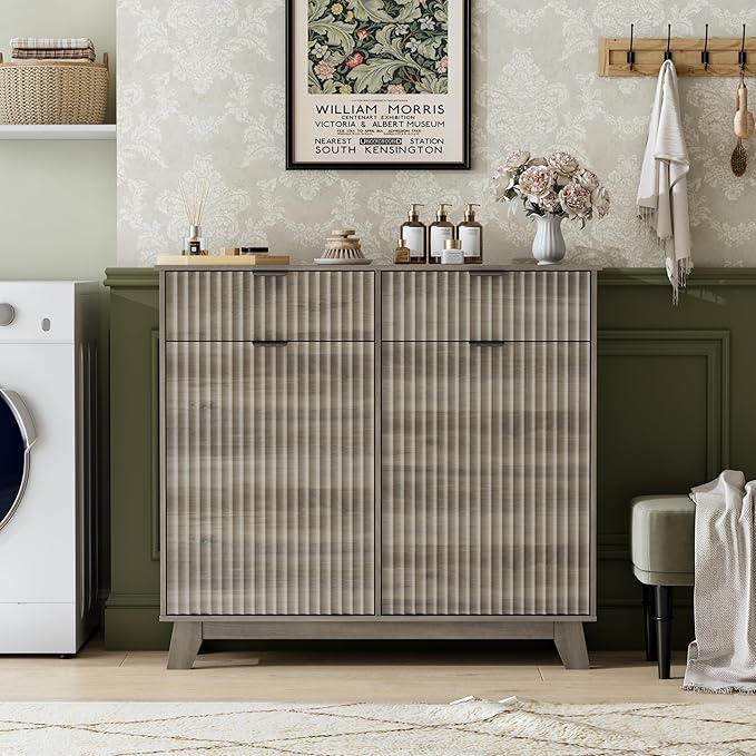 Double Tilt Out Laundry Hamper Cabinet, 20 Gallon Wooden Trash Can Cabinet with Drawers, Hidden Fluted Bathroom Storage Cabinet for Kitchen, Living Room (Wood Grey, 39.34"W x 35.83"H x 13"D)