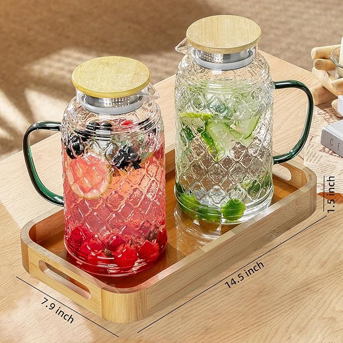Buaic Glass Pitcher with Lid, 2 PACK 68 oz/2 Liter Vintage Water Pitcher With Serving Tray, Clear Borosilicate Glass Water Carafe for Cold Brew, Coffee, Lemonade, Iced Sun Tea,Beverage, Heat Resistant