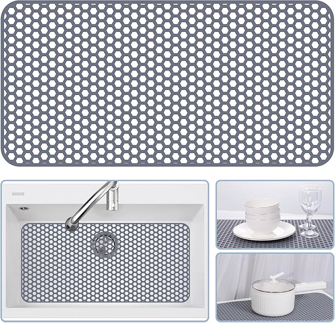 Bestjing Silicone Sink Protectors for Kitchen Sink - 28.3"x 15.7" Kitchen Protector Accessory, Non-Slip Heat Resistant Mat for Bottom of Farmhouse Stainless Steel Porcelain (Gray)