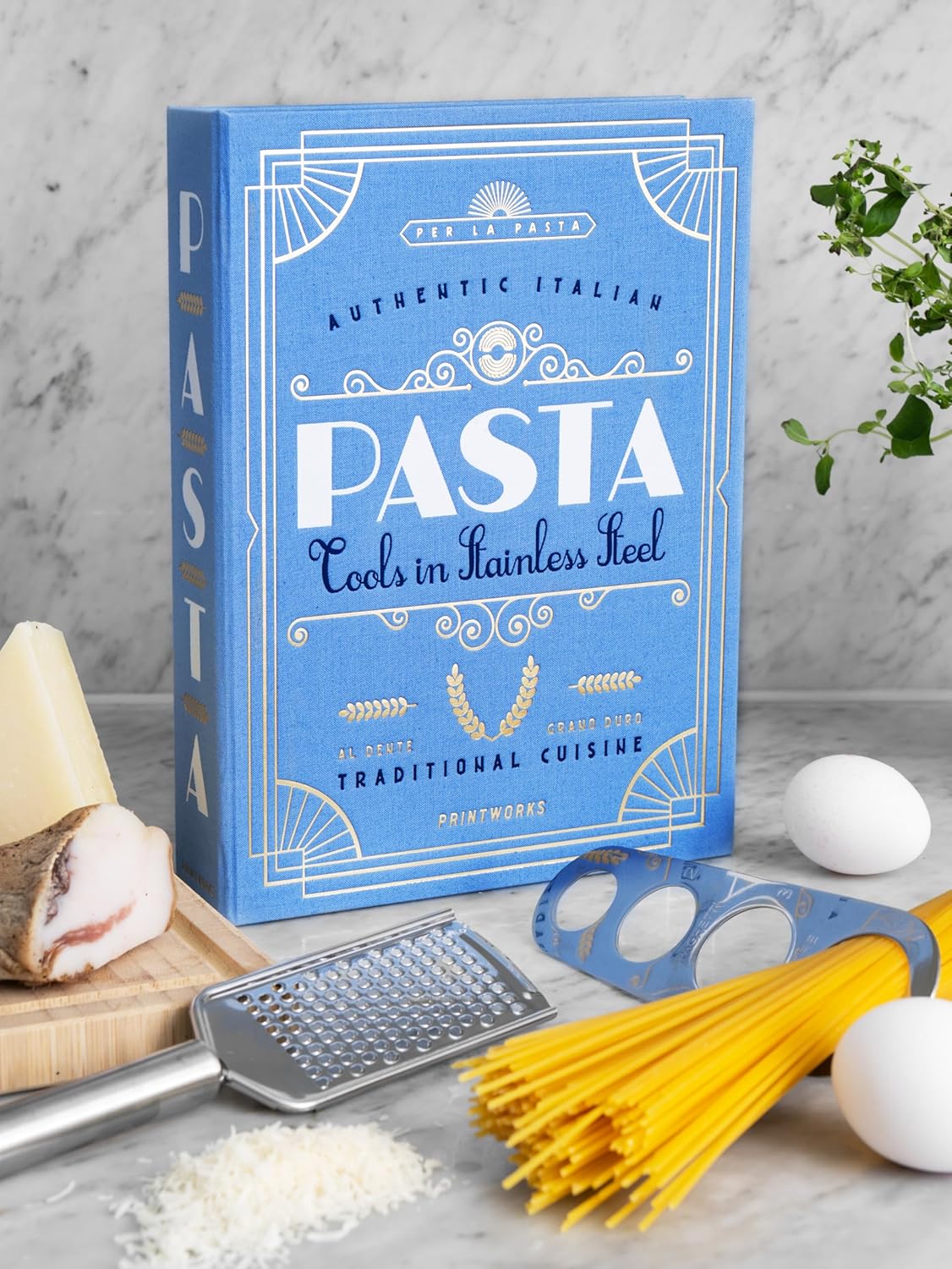 Printworks The Essentials, Pasta Tools – Pasta Kit with Spaghetti Tong, Spaghetti Measurer & Grater in Bright Blue Book-Style Case