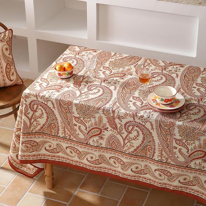 ISAENNE Designer French Red Extra Long Tablecloth Rectangle,Linen Table Cloth with Cashew Pattern,Stain Proof Decor Tablecloths for Dining Thanksgiving Kitchen Christmas,63"*110"-Chauffrey D