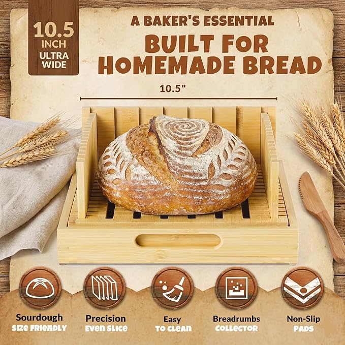 Sourdough Bread Slicer for Homemade Bread - 10.5" Extra Wide Premium Bamboo Guide for Large Round Loaves & Artisan Baking - Heavy Duty Stable Mortise-Tenon Structure with Crumb Catcher Tray
